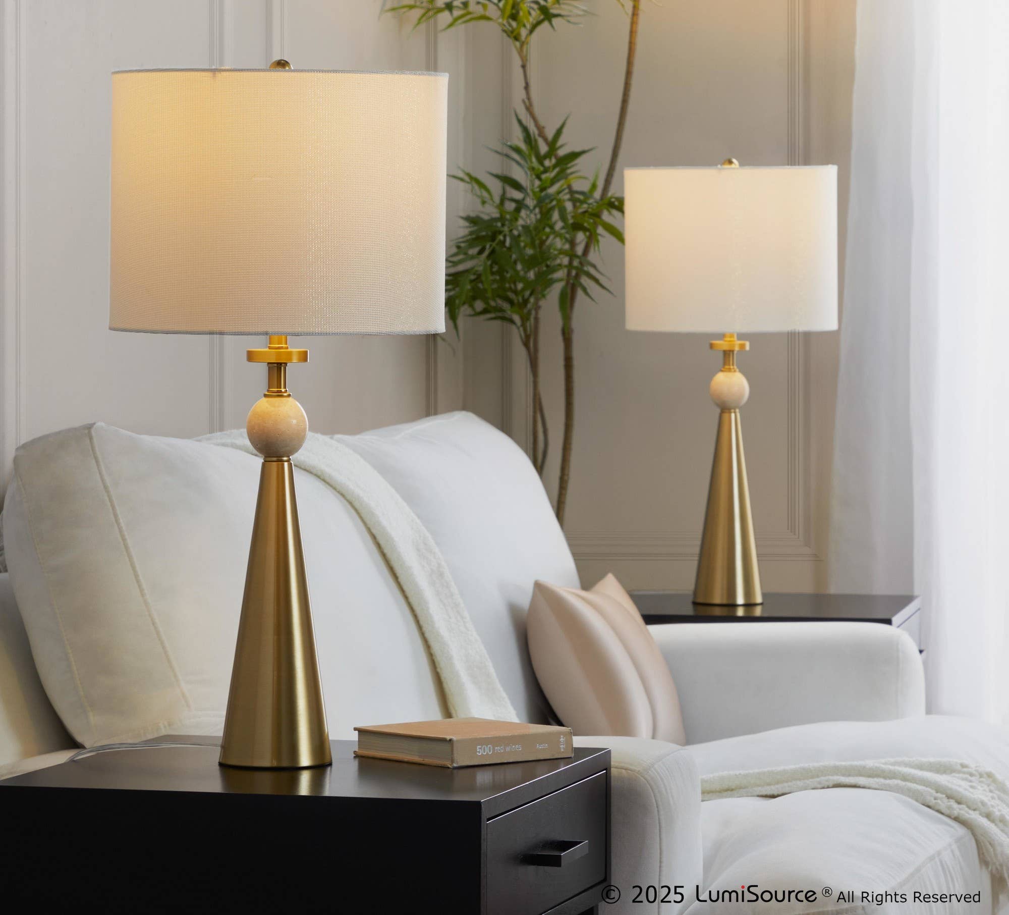 Cone Travertine 27" Table Lamp - In Gold Metal: Gold Metal, Travertine, Tan Leaf Shade