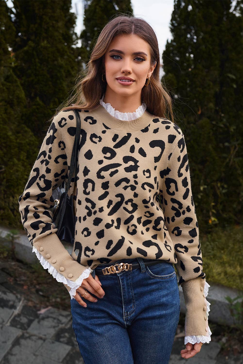 Leopard Lace Ribbed Button Cuff Sweater ~ Missy