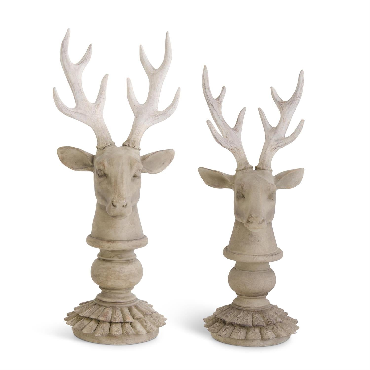 Cream & Taupe Resin Wood Look Deer Busts on Scalloped Base - 2 Sizes