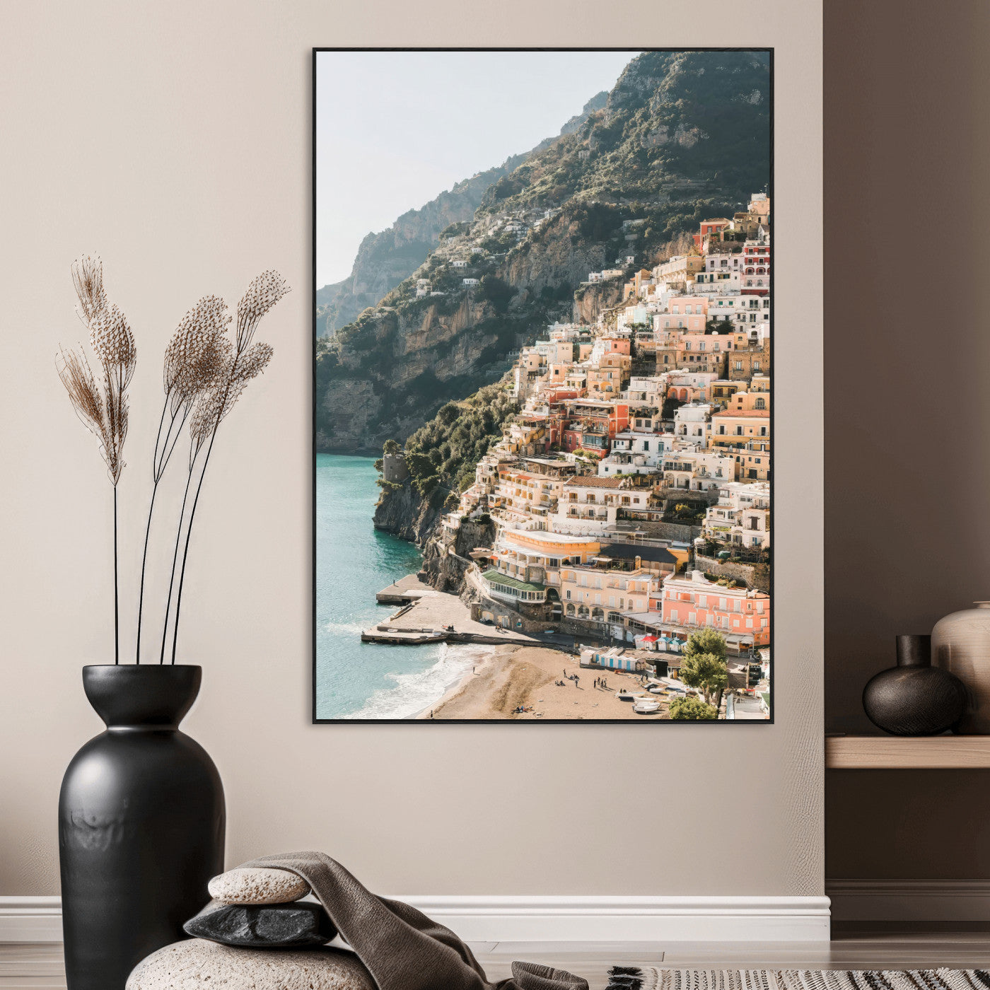 Mediterranean Coastal Cliffside Town Wall Art – Vibrant