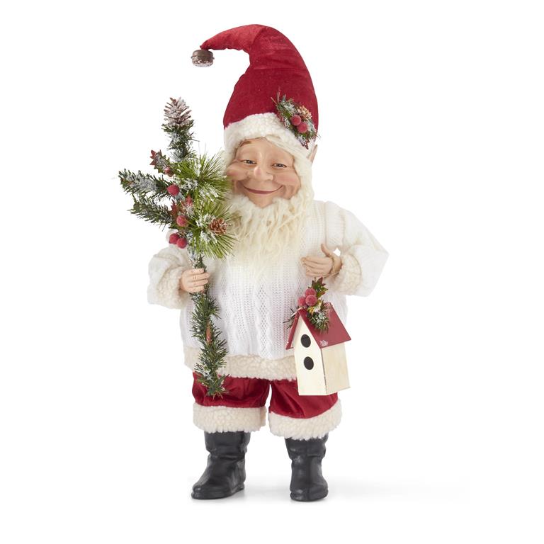 21 Inch Santa w/White Sweater & Red Pants Holding Birdhouse