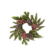 Glittered Icy Mixed Pine Candle Ring w/Red Berries & Pinecones - 13 Inch