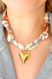 LDC Floral Print Scarf Knotted Gold Heart Charm Necklace: White