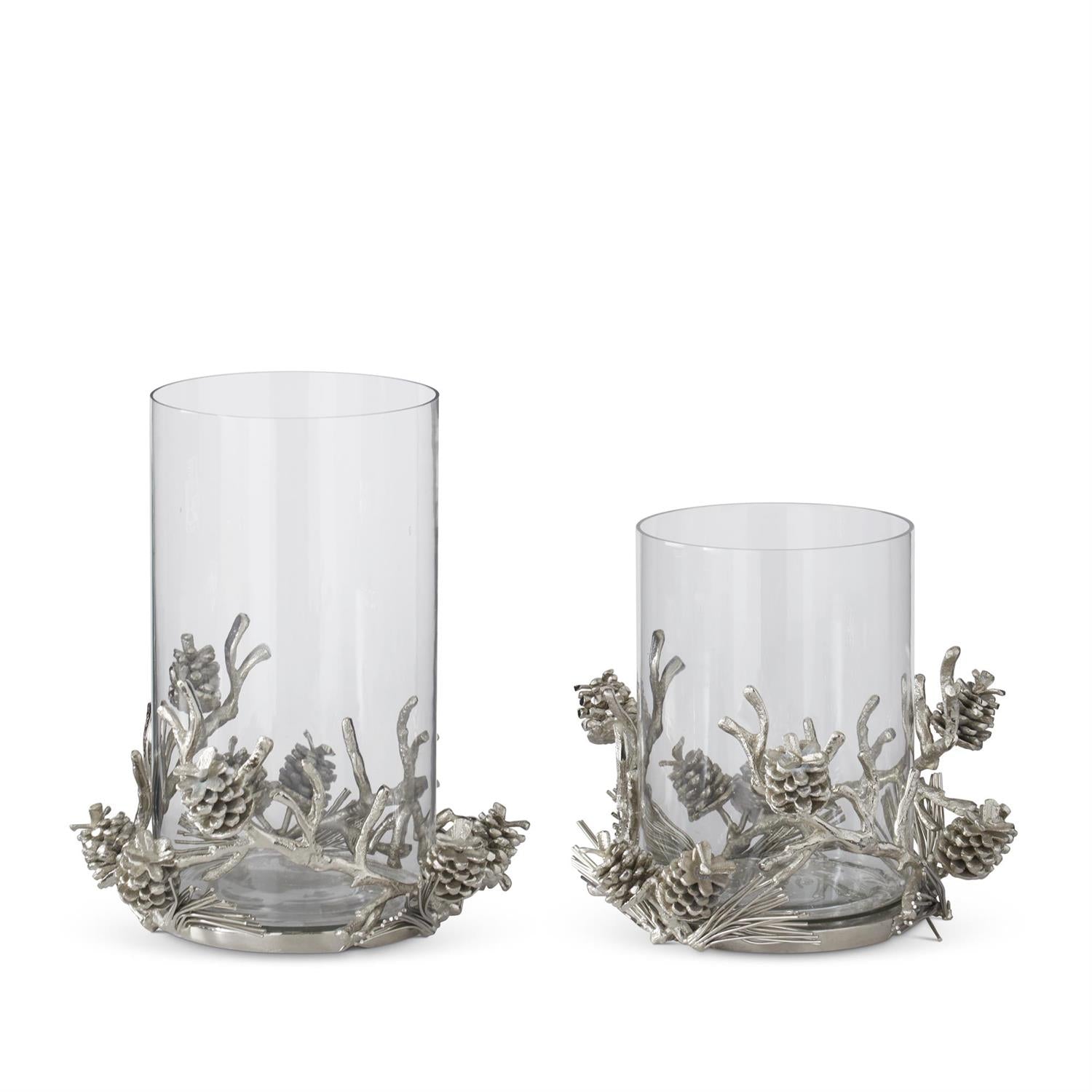 Glass Hurricanes w/Silver Metal Pinecone & Twig Base