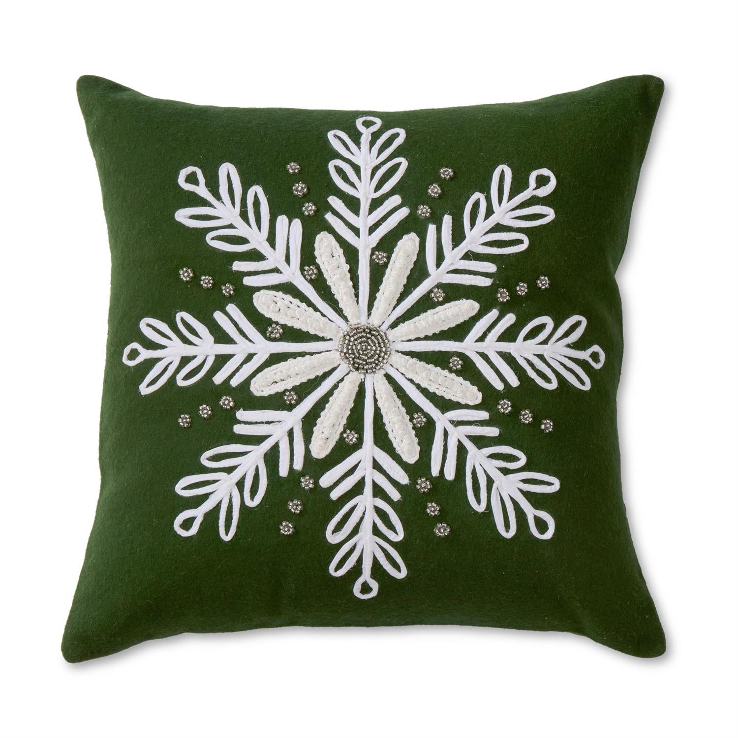 20 Inch Green Wool Pillow w/White Beaded Snowflake Applique