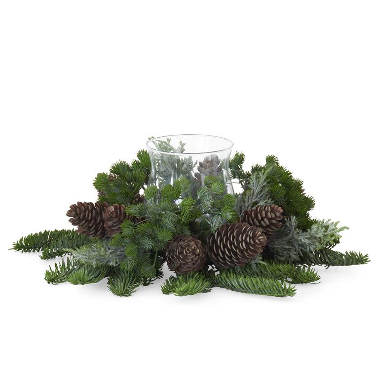 Mixed Pine & Pinecones Candle Ring w/Glass Hurricane - 16 Inch