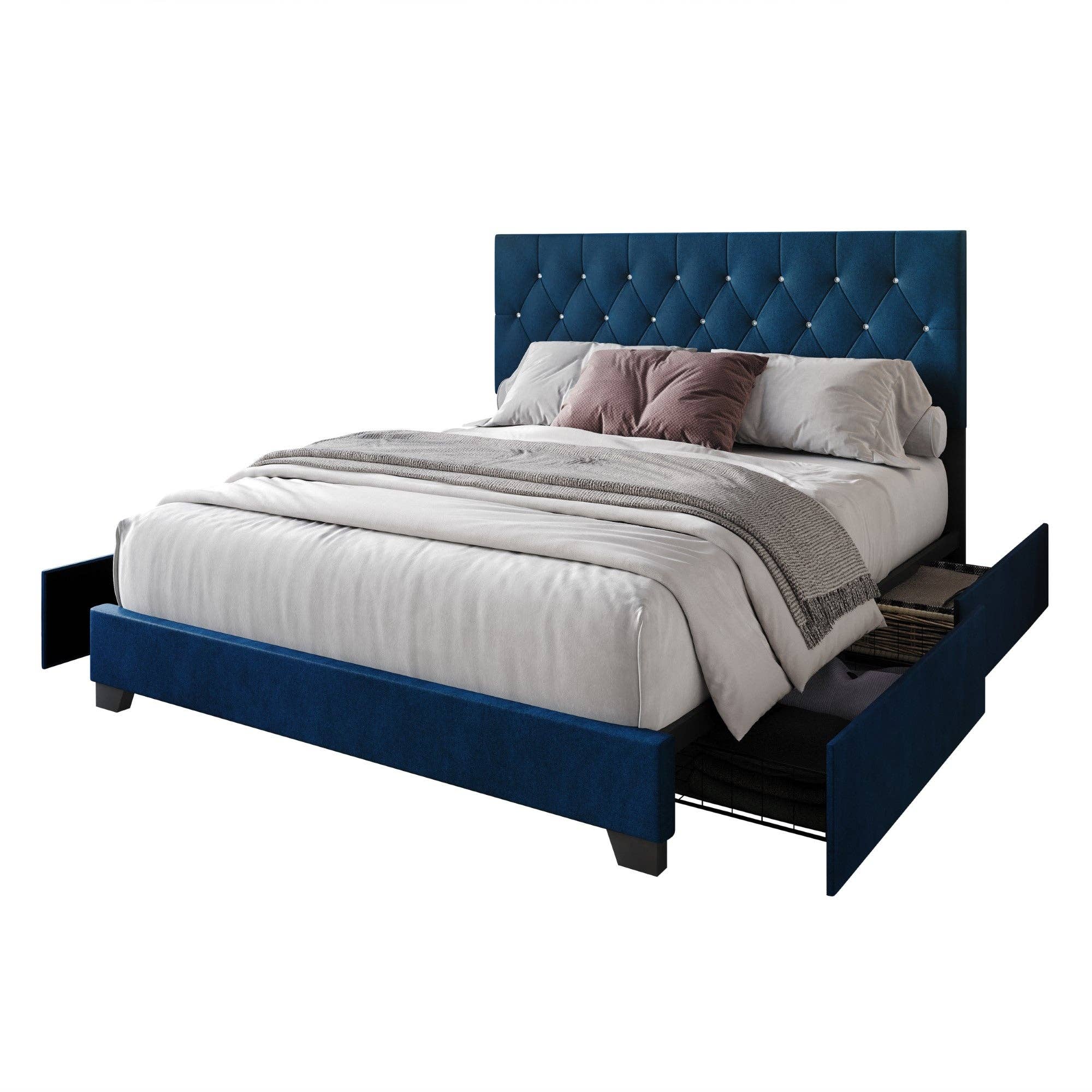 Sheffield Full Tufted Upholstered Storage Platform Bed Frame with Diamond Button-Tufted Headboard and Four Under-Drawers, Dark Gray, Easy Assembly: King / Black