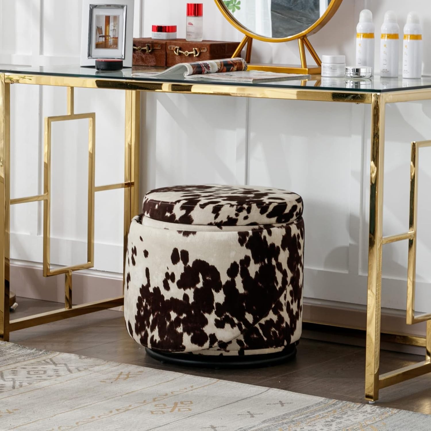 Milk Cow Velvet Upholstered Vanity Chair Storage Swivel