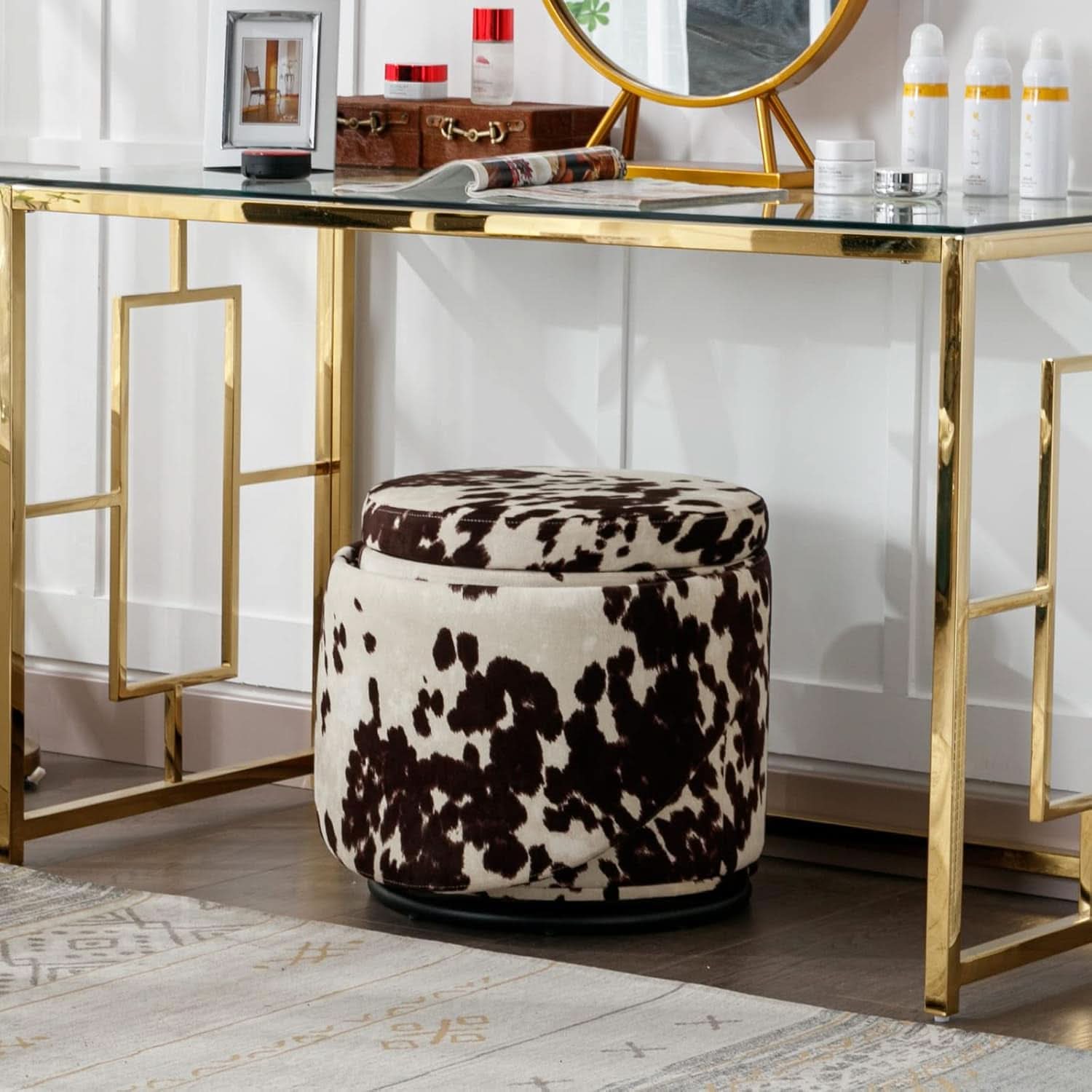 Milk Cow Velvet Upholstered Vanity Chair Storage Swivel