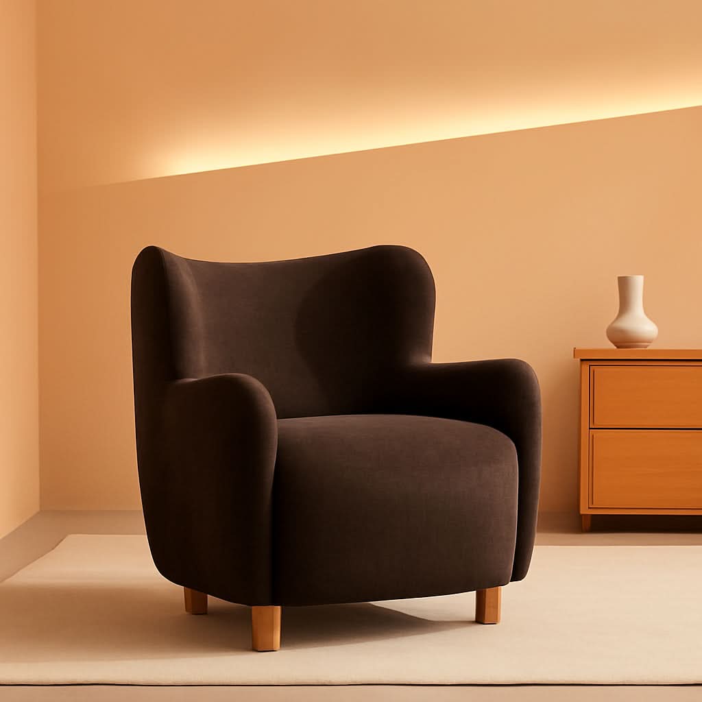 Brown Velvet Wingback Chair With Contoured Backrest