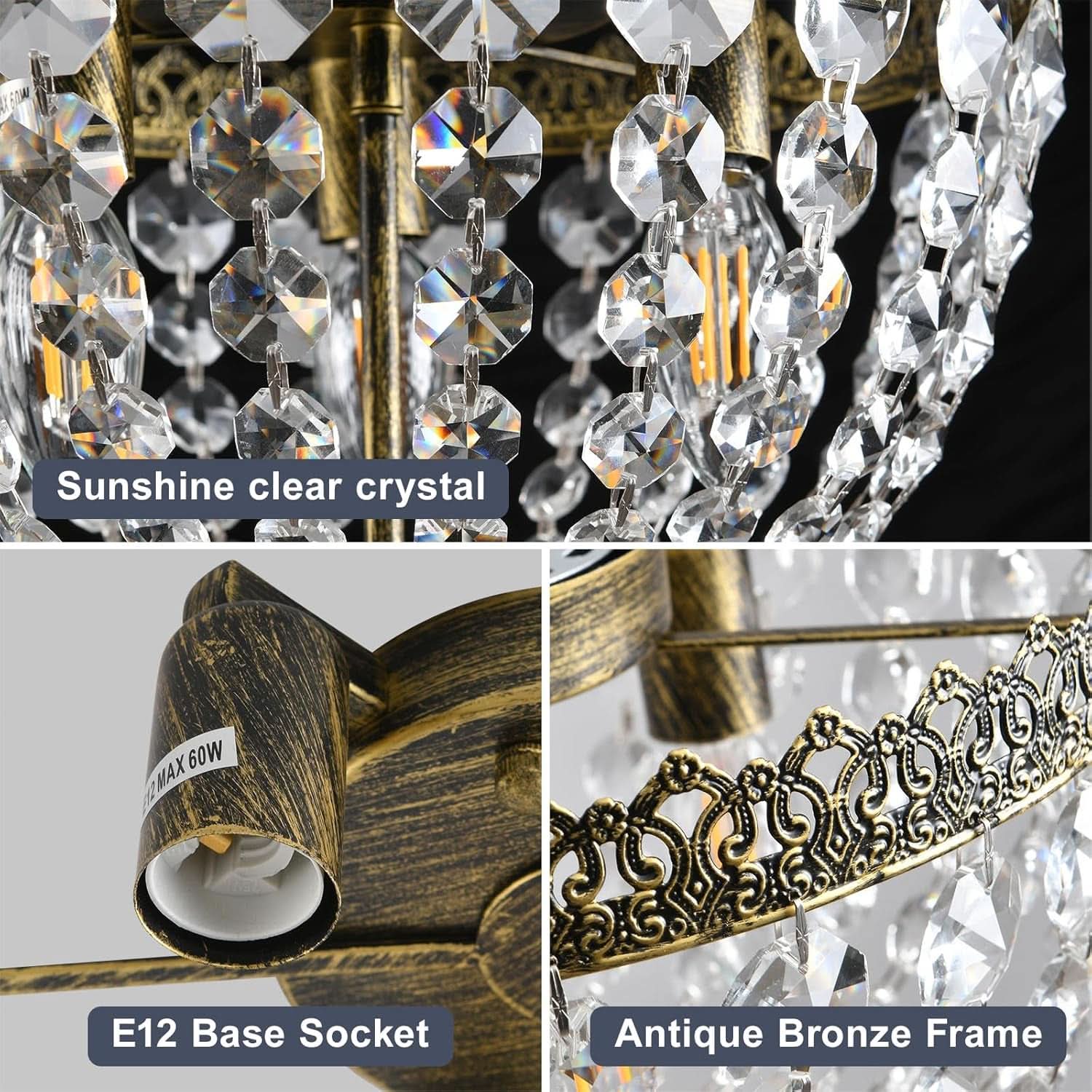 Three Light French Empire Crystal Chandelier Antique Bronze Dimmable Flush Mount