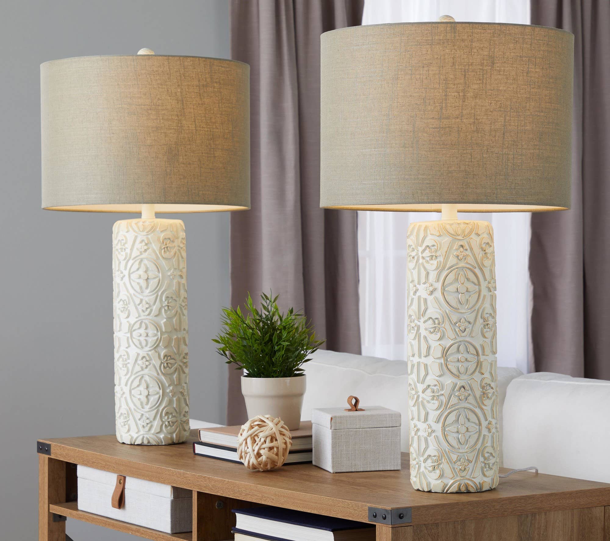 Charlotte 30" Polyresin Table Lamp - Set of 2: Brushed Taos Brown Polyresin, Beige Linen