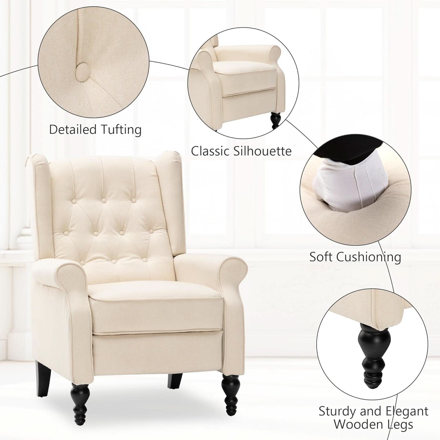 Beige Mid Century Wingback Recliner Chair With Upholstered Fabric
