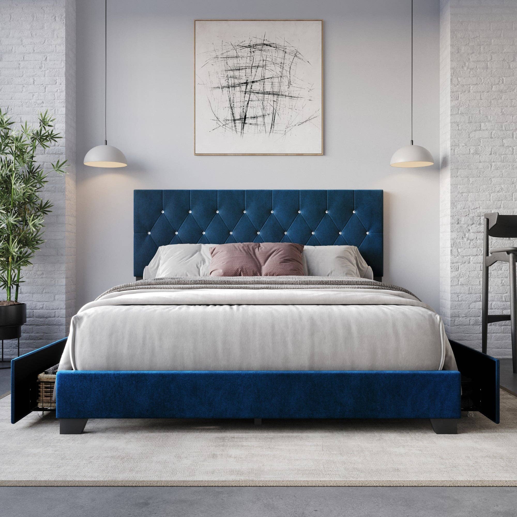 Sheffield Full Tufted Upholstered Storage Platform Bed Frame with Diamond Button-Tufted Headboard and Four Under-Drawers, Dark Gray, Easy Assembly: King / Black