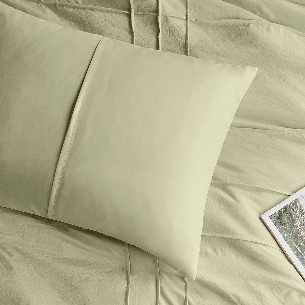 Grid Pattern Soft Washed Pleated Duvet Cover Set, Sage: King