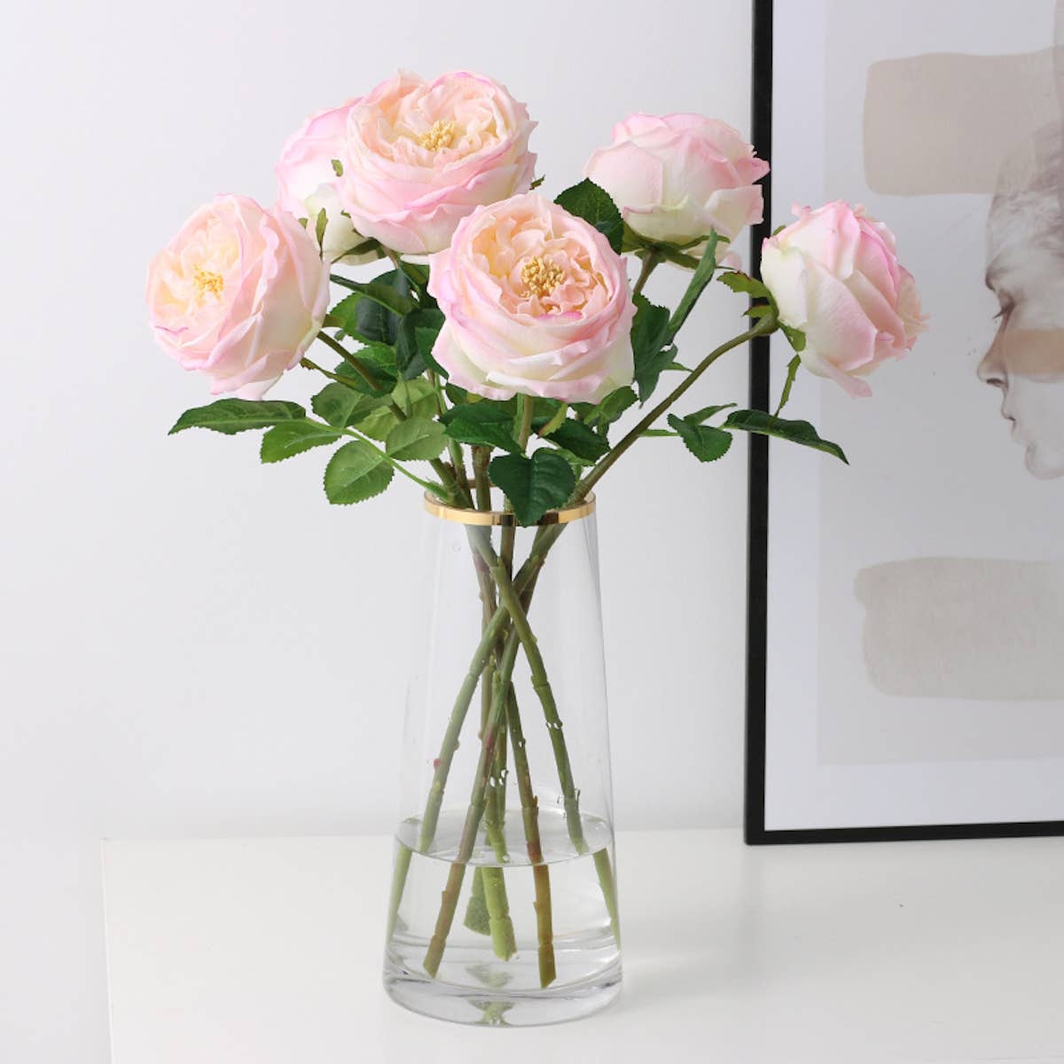 17"Premium Real touch English Austin Cabbage Rose Stem: Pure White