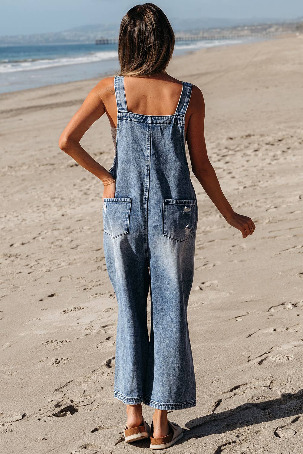 Distressed Bib Pocket Wide Leg Denim Overall: Stone Blue