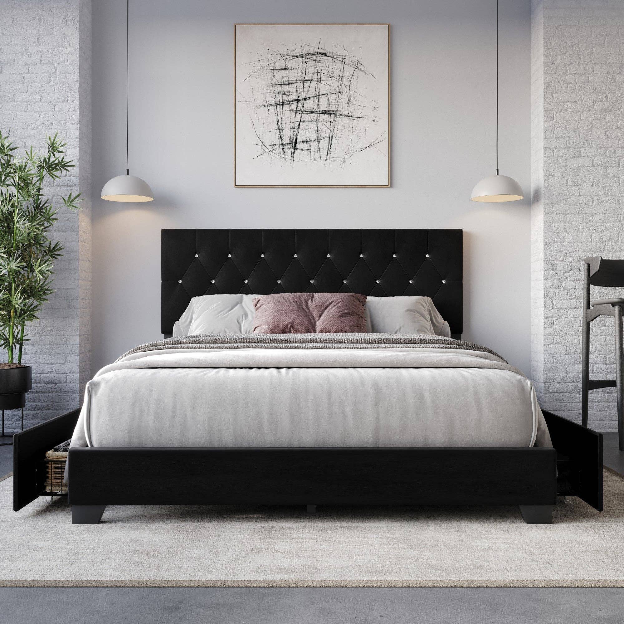 Sheffield Full Tufted Upholstered Storage Platform Bed Frame with Diamond Button-Tufted Headboard and Four Under-Drawers, Dark Gray, Easy Assembly: King / Black