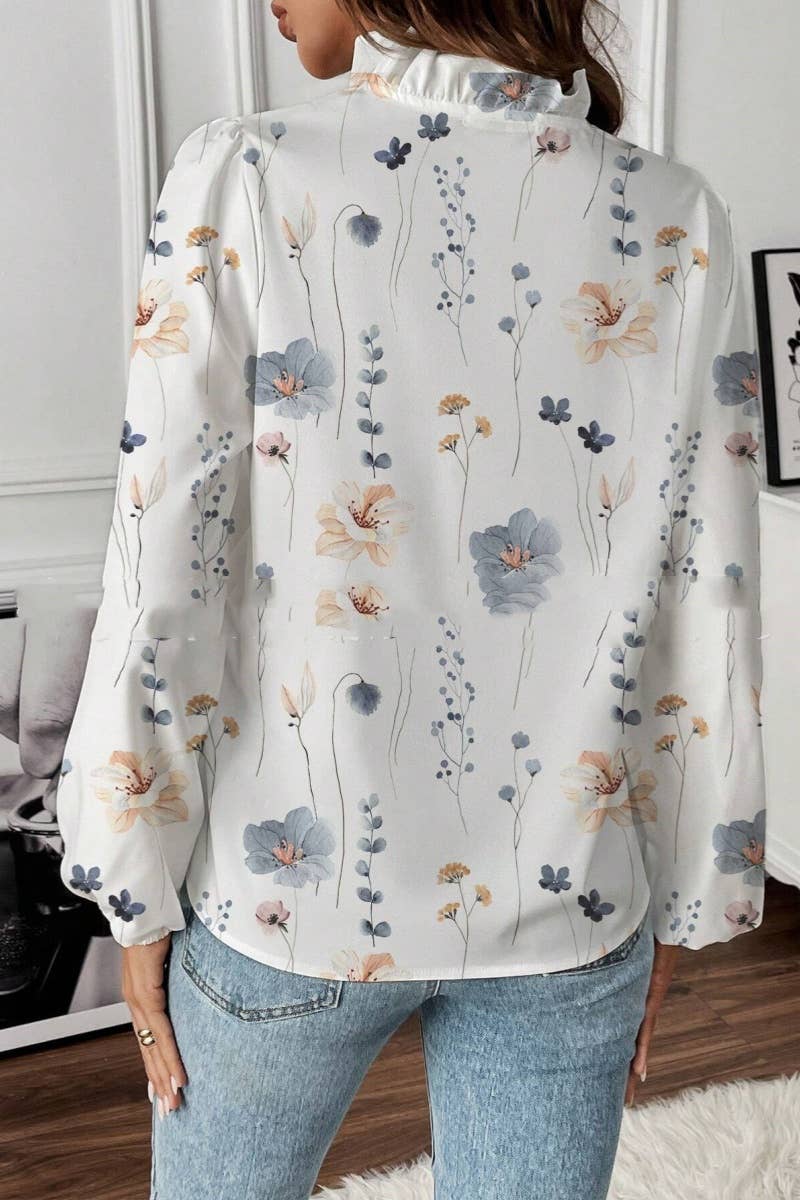 LONG-SLEEVED RUFFLED V-NECK PRINTED COMMUTER TOP