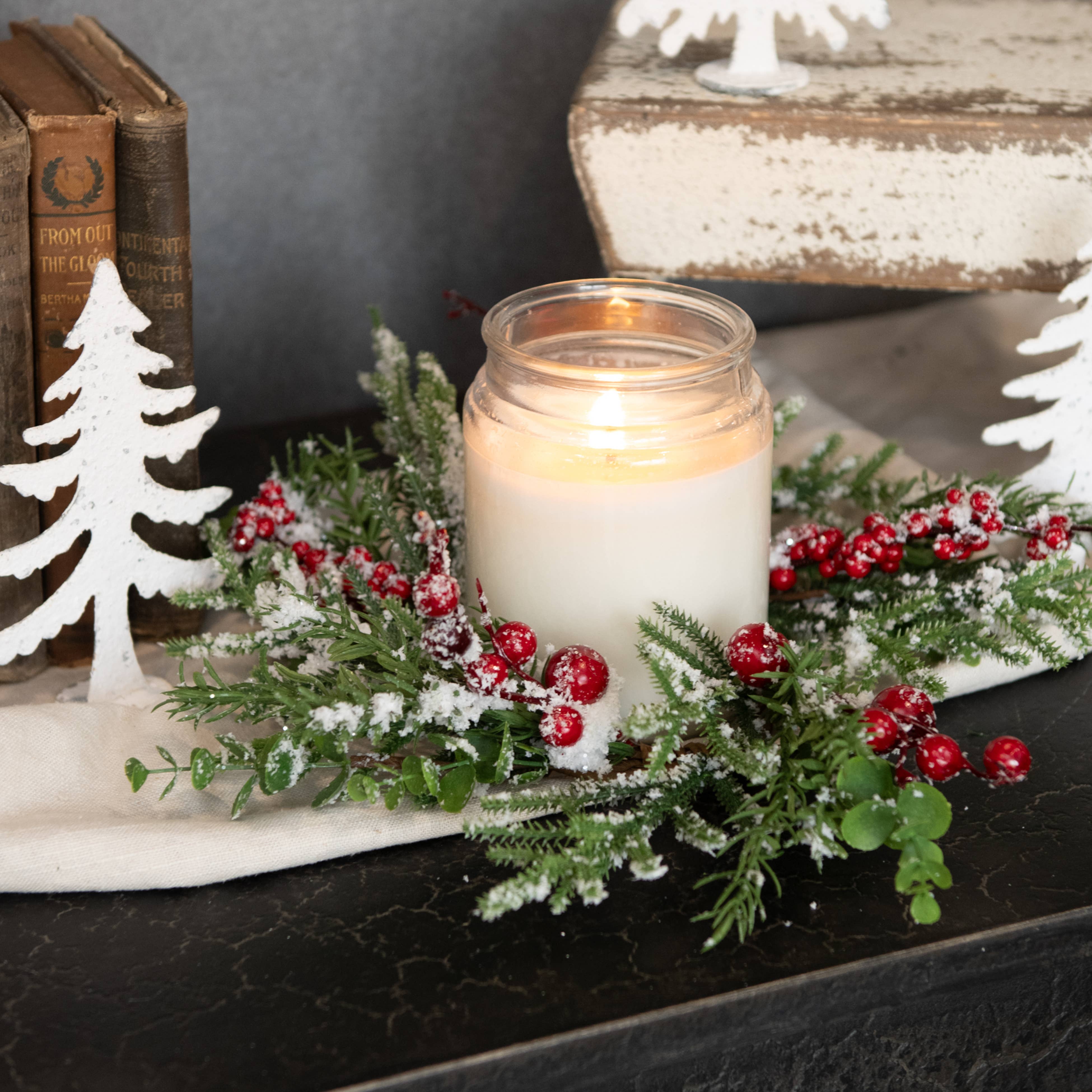 12" SNOWY EVERGREEN W/ RED BERRY CANDLE RING