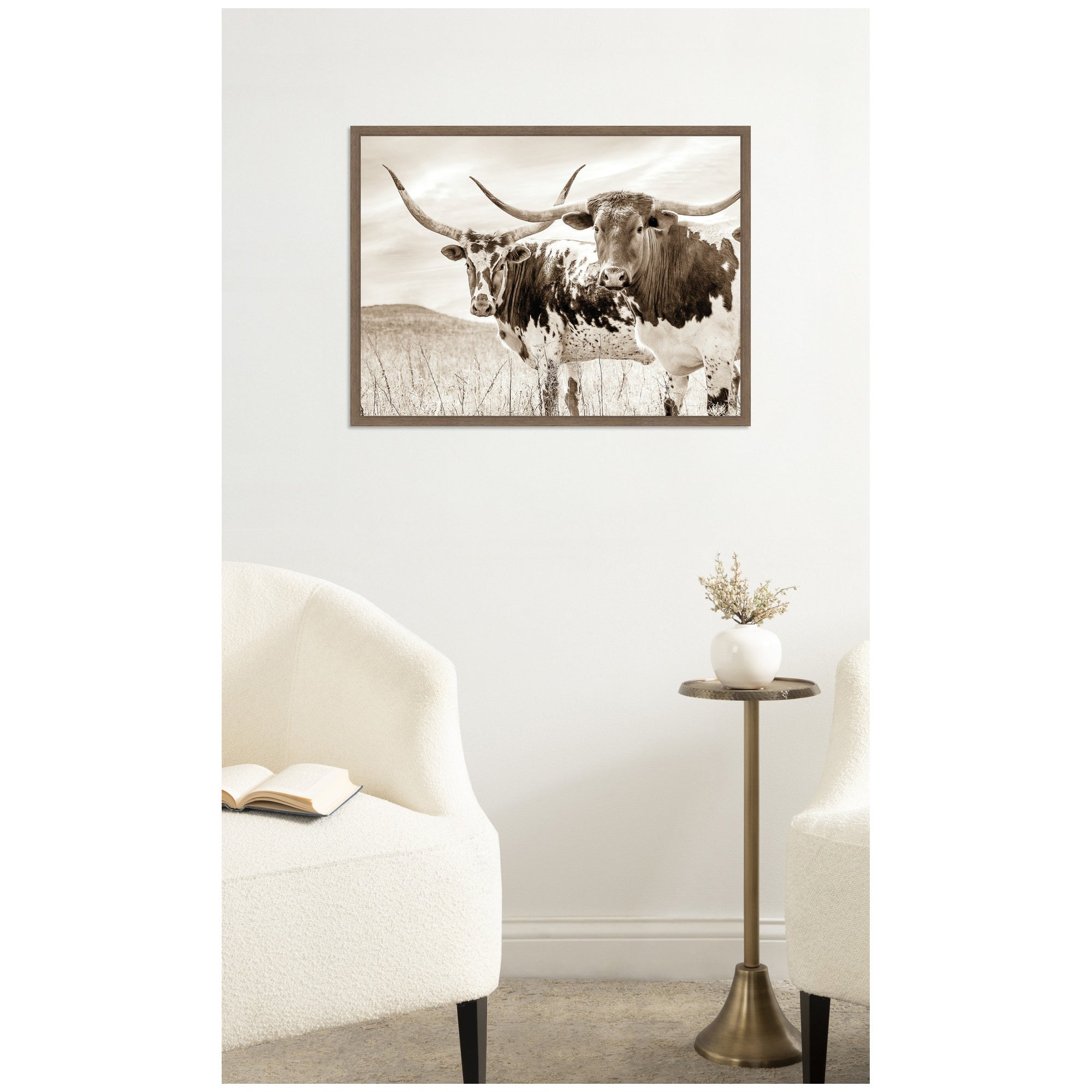 Sepia Texas Longhorn Cattle in Pasture by The Creative Bunch Studio Framed Canvas Wall Art Print