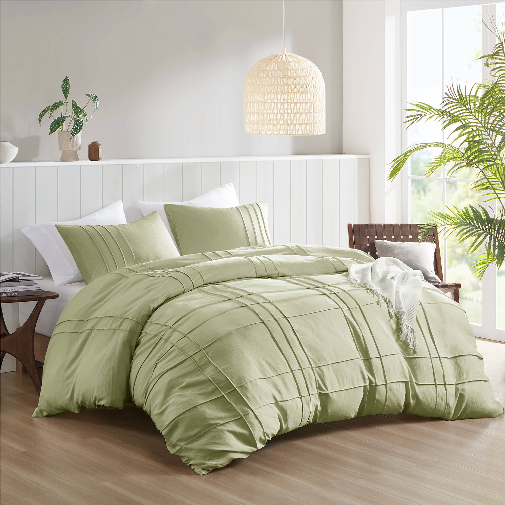 Grid Pattern Soft Washed Pleated Duvet Cover Set, Sage: King