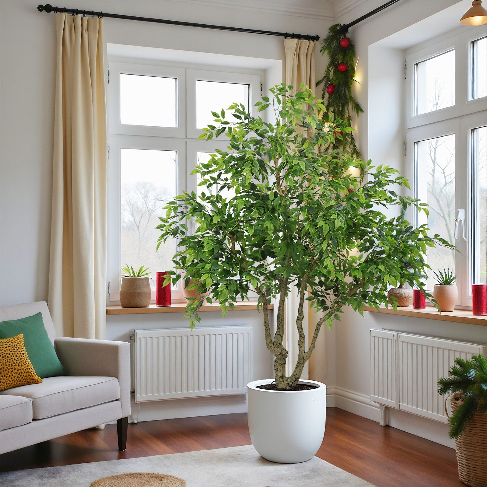Artificial Banyan Tree With A Trunk And Lifelike Leaves, For Indoor And Outdoor Use - Green