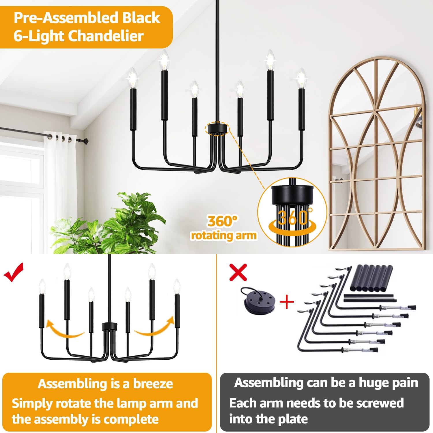 Farmhouse Hanging Candle Chandelier (No Assembly)
