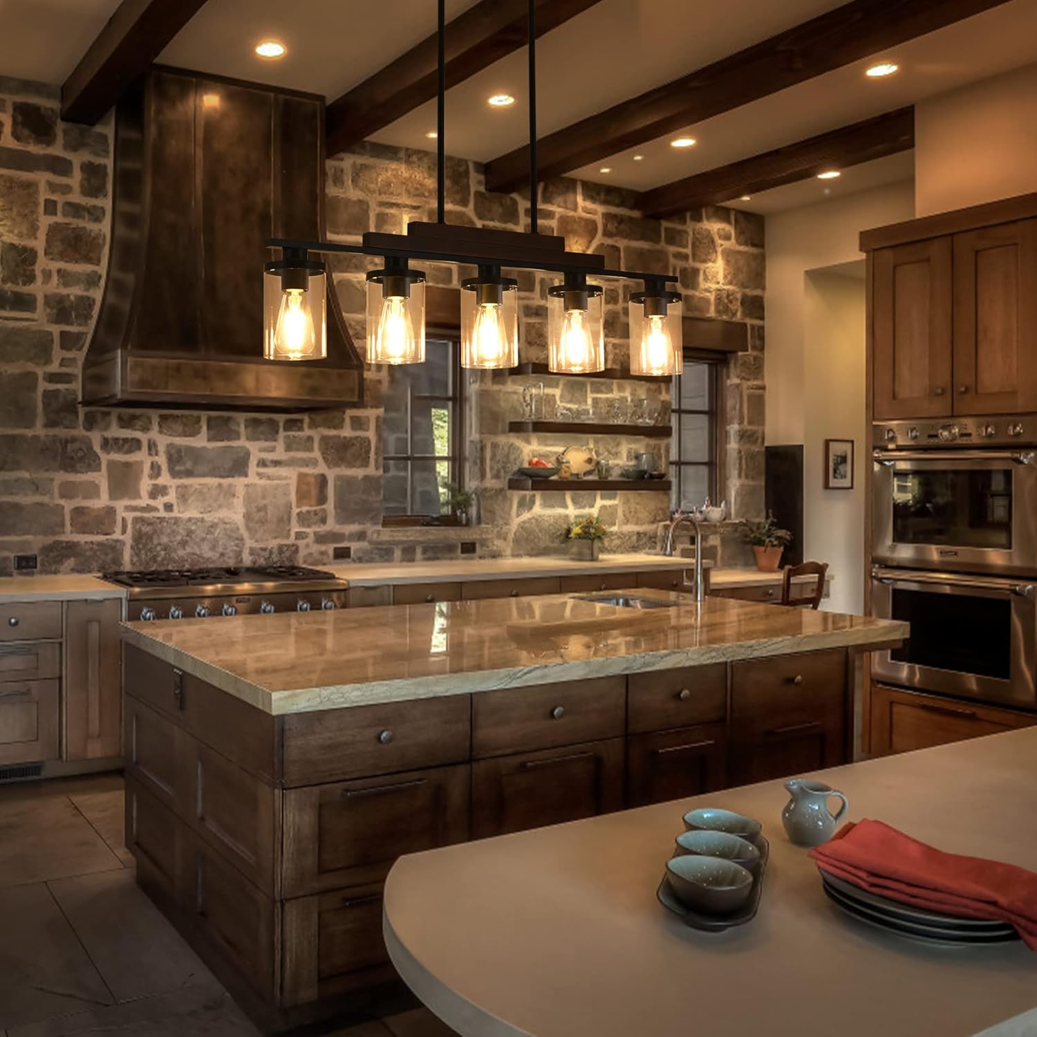 Farmhouse Rustic Wood Linear Chandelier with Clear Glass Shade