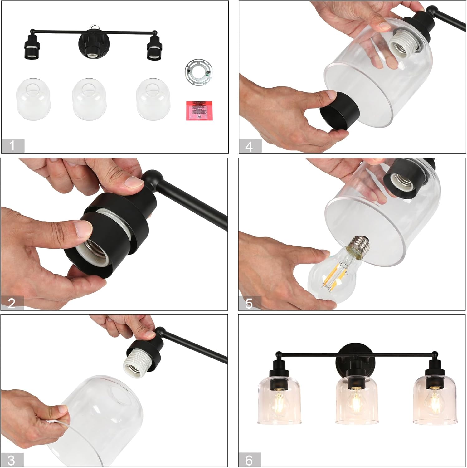 3-Light Black Vanity Light with Clear Glass Shade