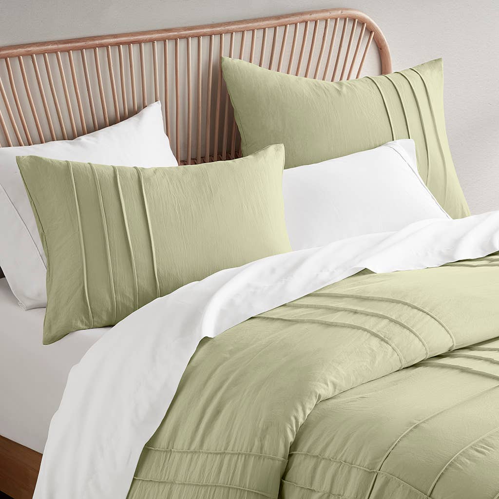 Grid Pattern Soft Washed Pleated Duvet Cover Set, Sage: King