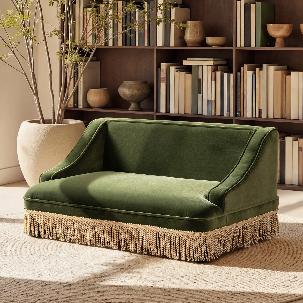 Duchess 33' Medium Princess Pet Bed Sofa with Fringe Skirt, Olive Green Velvet