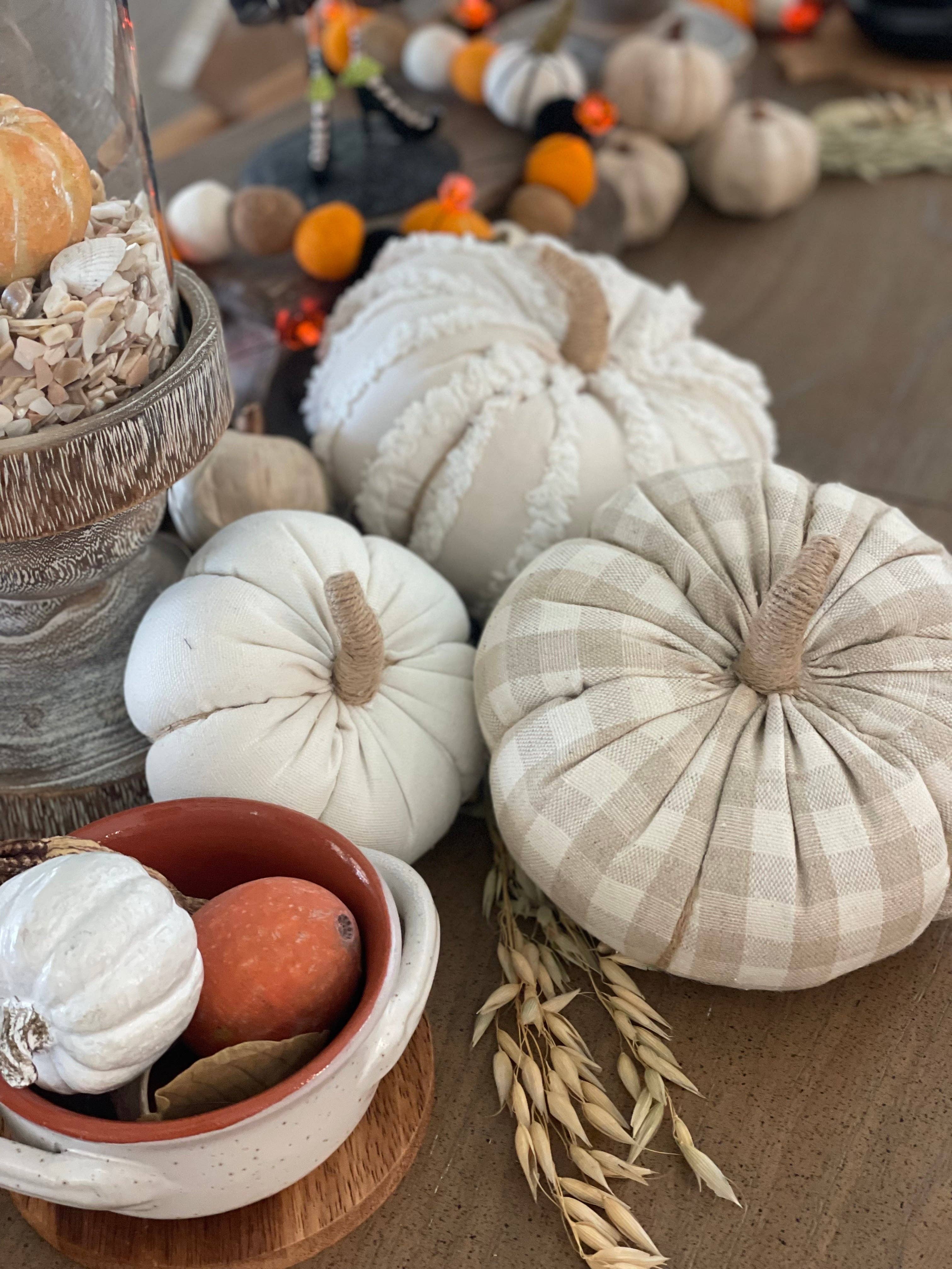 Med. White Fuzzy Stripes Fall Fabric Pumpkin