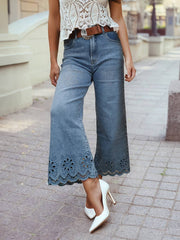 Embroidered Cropped Wide Leg High Waist Jeans: Dusk Blue