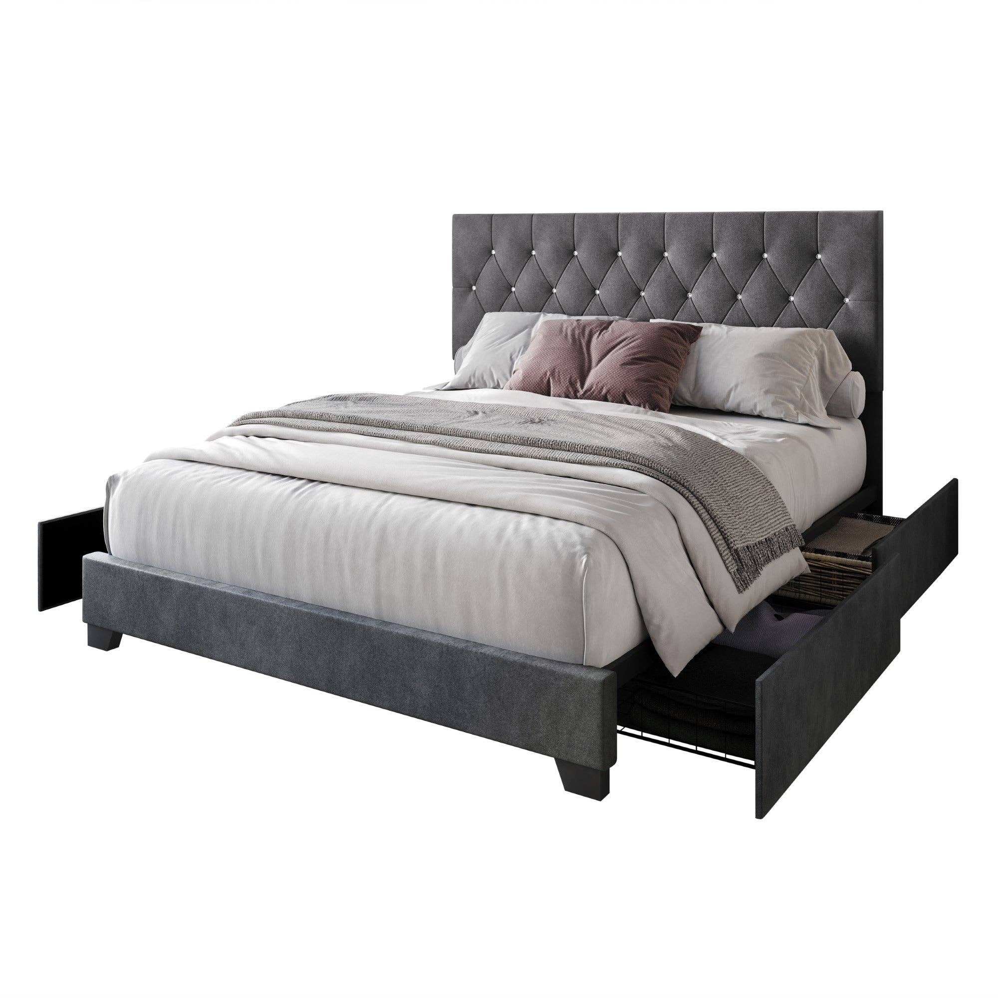 Sheffield Full Tufted Upholstered Storage Platform Bed Frame with Diamond Button-Tufted Headboard and Four Under-Drawers, Dark Gray, Easy Assembly: King / Black