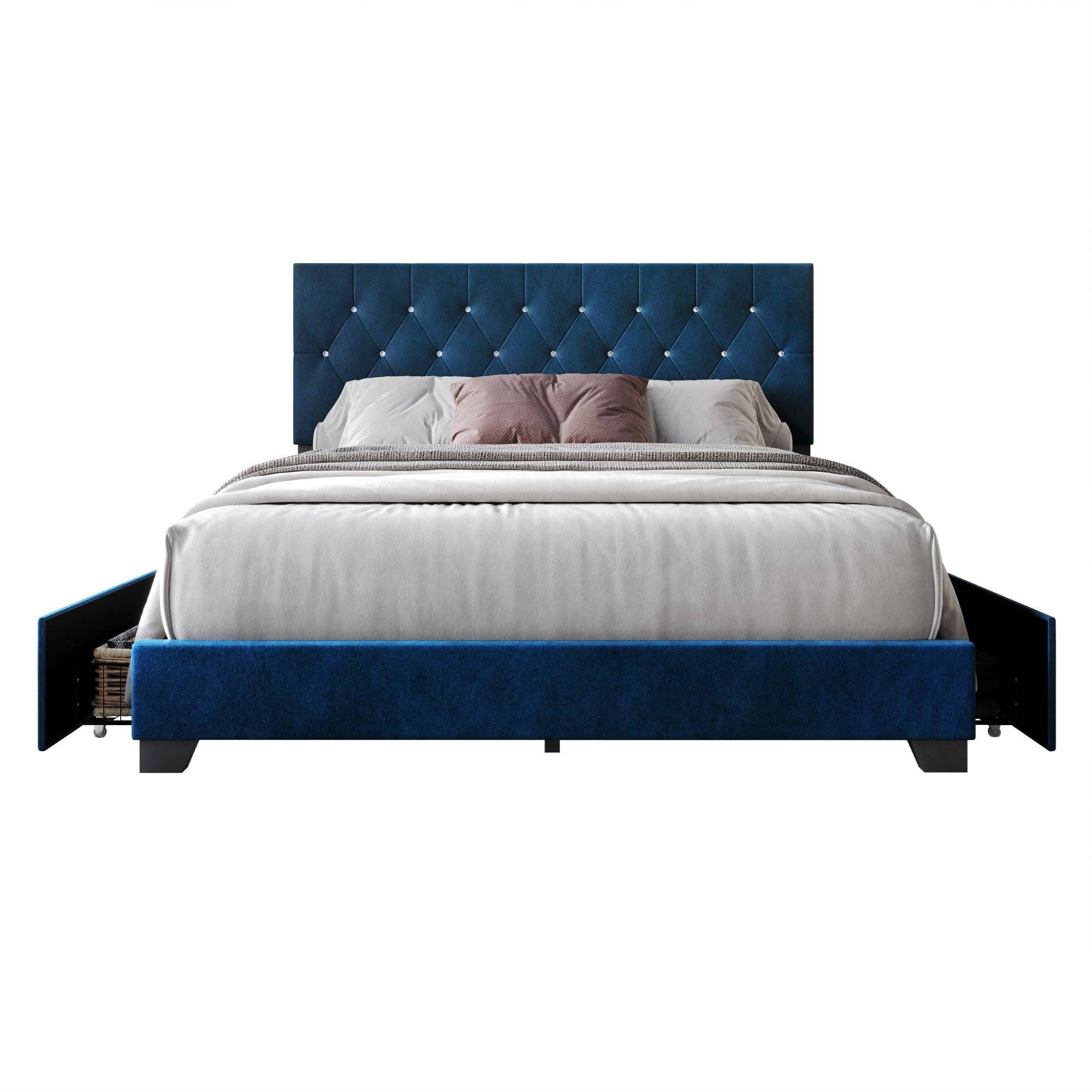 Sheffield Full Tufted Upholstered Storage Platform Bed Frame with Diamond Button-Tufted Headboard and Four Under-Drawers, Dark Gray, Easy Assembly: King / Black