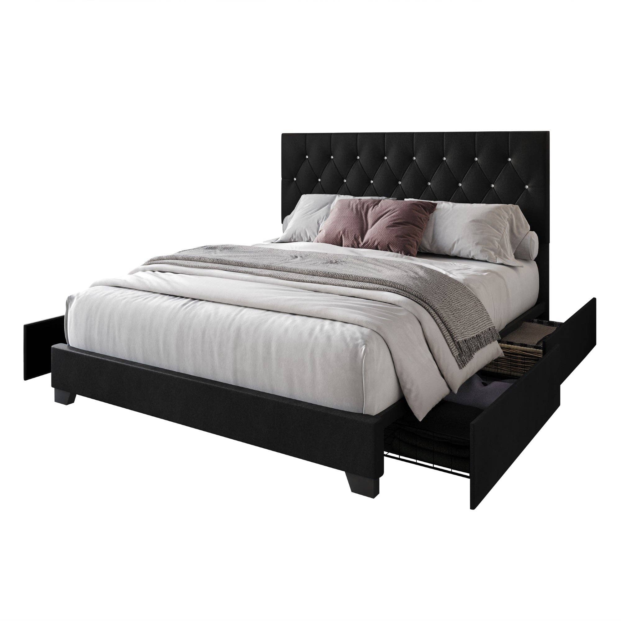 Sheffield Full Tufted Upholstered Storage Platform Bed Frame with Diamond Button-Tufted Headboard and Four Under-Drawers, Dark Gray, Easy Assembly: King / Black