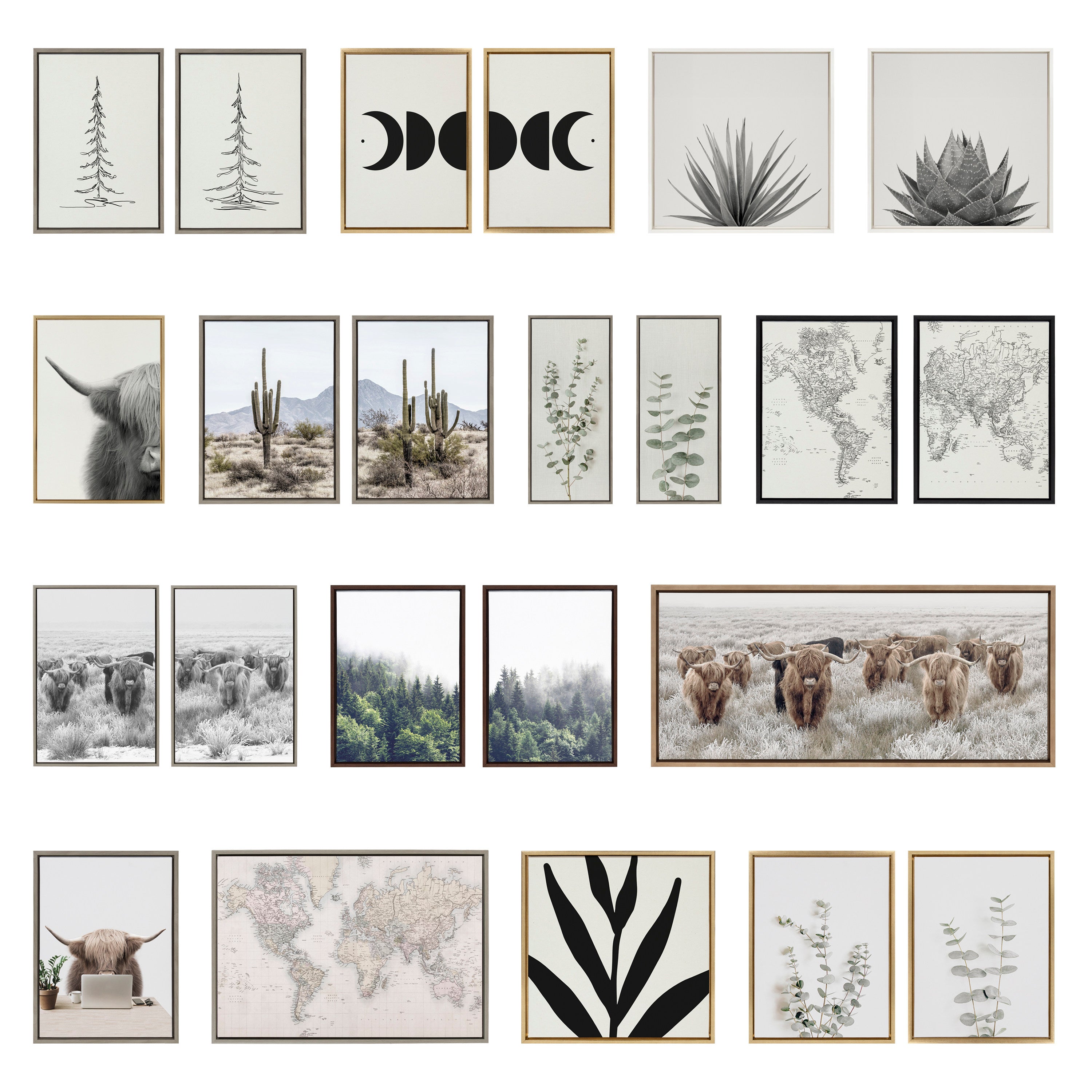 Sylvie Lush Green Forest on a Foggy Day and Vintage Botanical 3 and 4 Black and White Framed Canvas Art Set by Various Artists