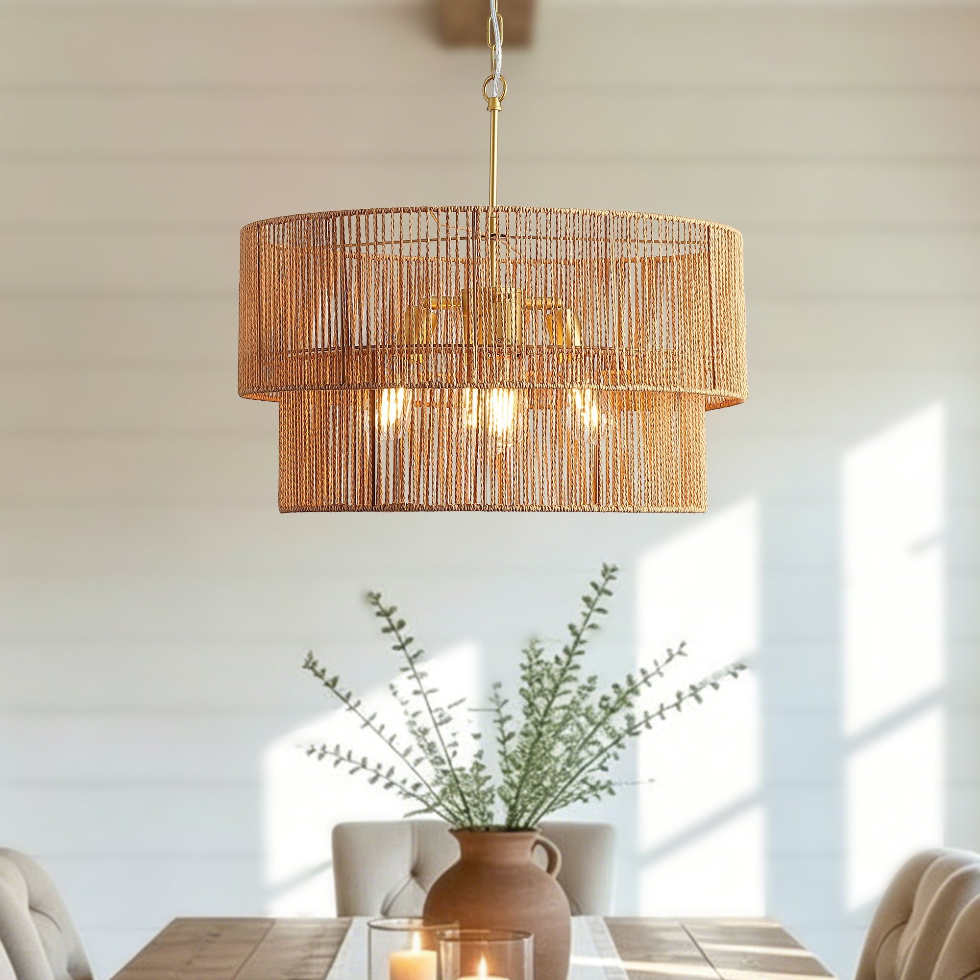 Chandelier, 2 Tier Boho Wabi Sabi Pendant Light, Hanging Ceiling Lamp - Gold