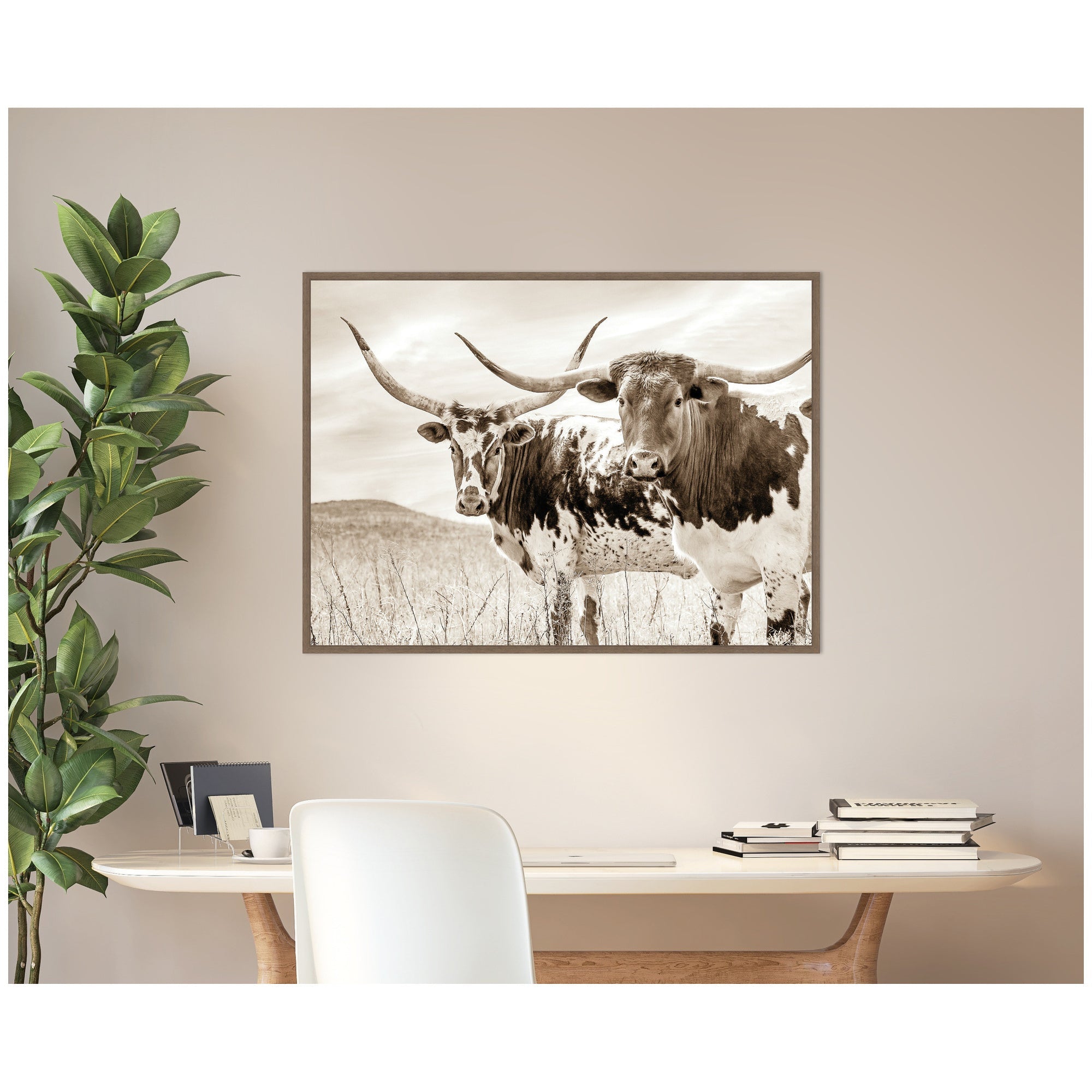 Sepia Texas Longhorn Cattle in Pasture by The Creative Bunch Studio Framed Canvas Wall Art Print