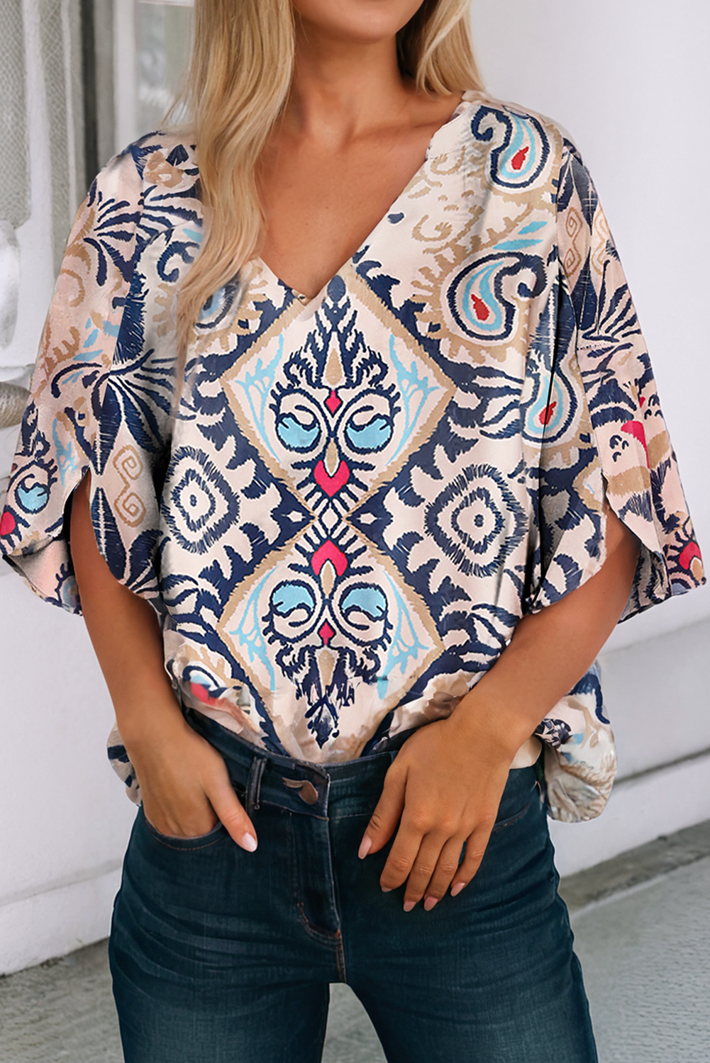 LDC Tribal Print Ikat 3/4 Sleeve Blouse: White