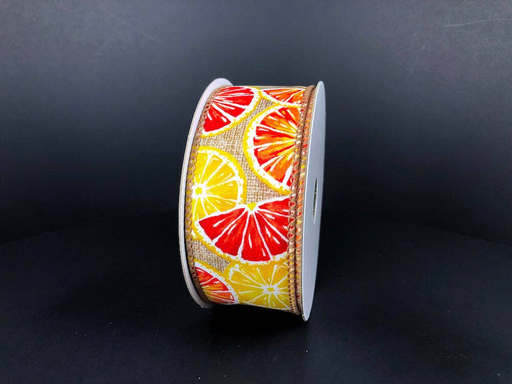 1.5"X10Y  Natural Print Linen/Lemons-Oranges Ribbon 41334-09-14