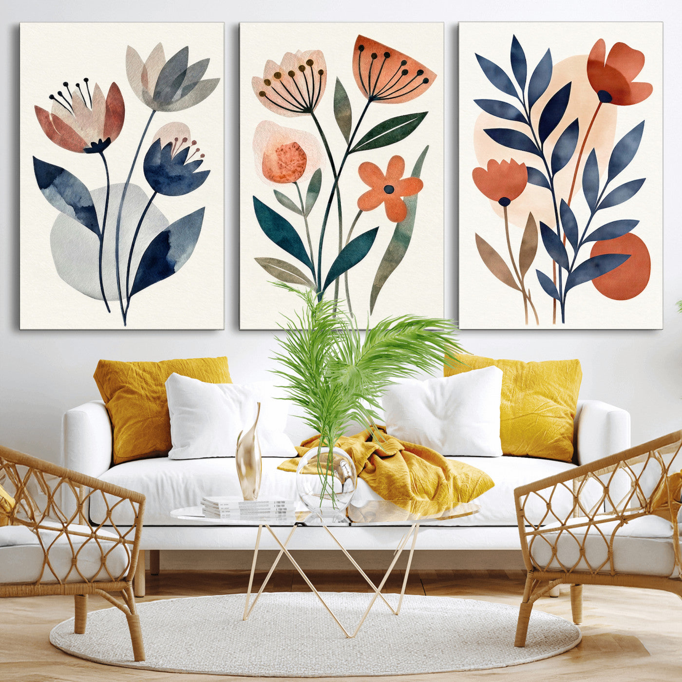 Watercolor Botanical Canvas Wall Art Set, Navy Terracotta