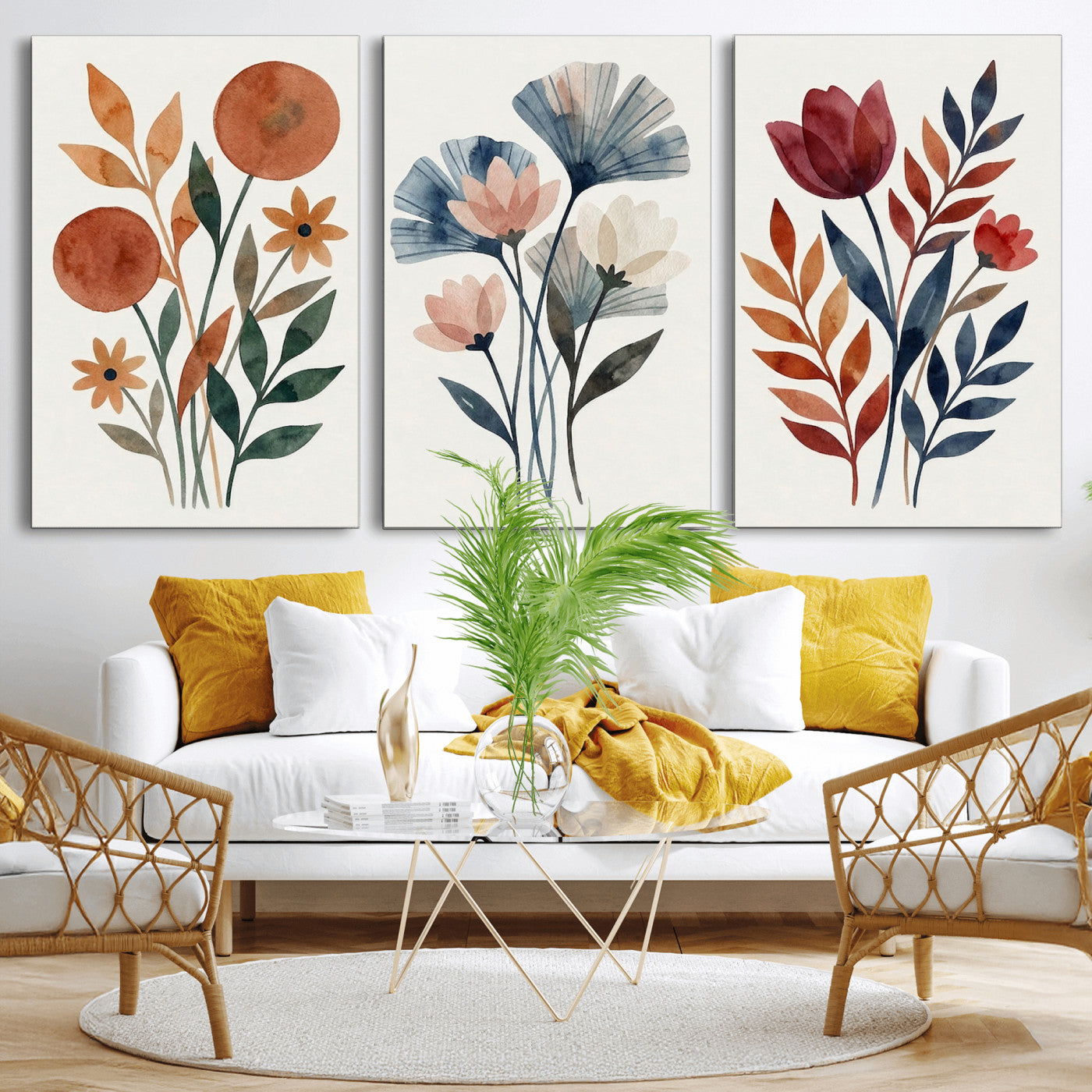 Watercolor Botanical Canvas Wall Art Set, Navy Terracotta