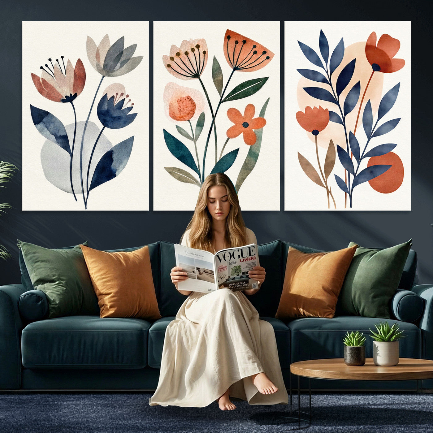 Watercolor Botanical Canvas Wall Art Set, Navy Terracotta