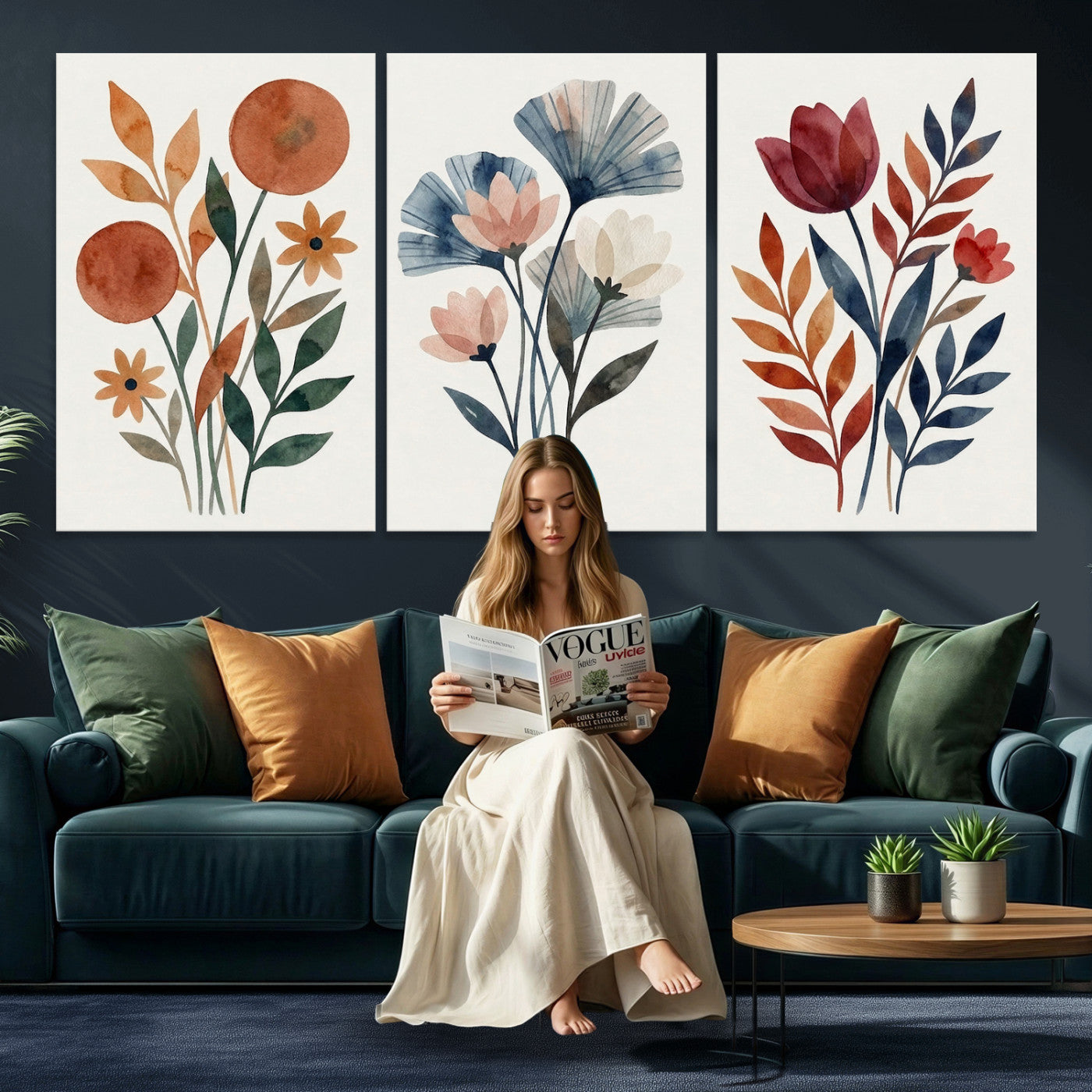 Watercolor Botanical Canvas Wall Art Set, Navy Terracotta