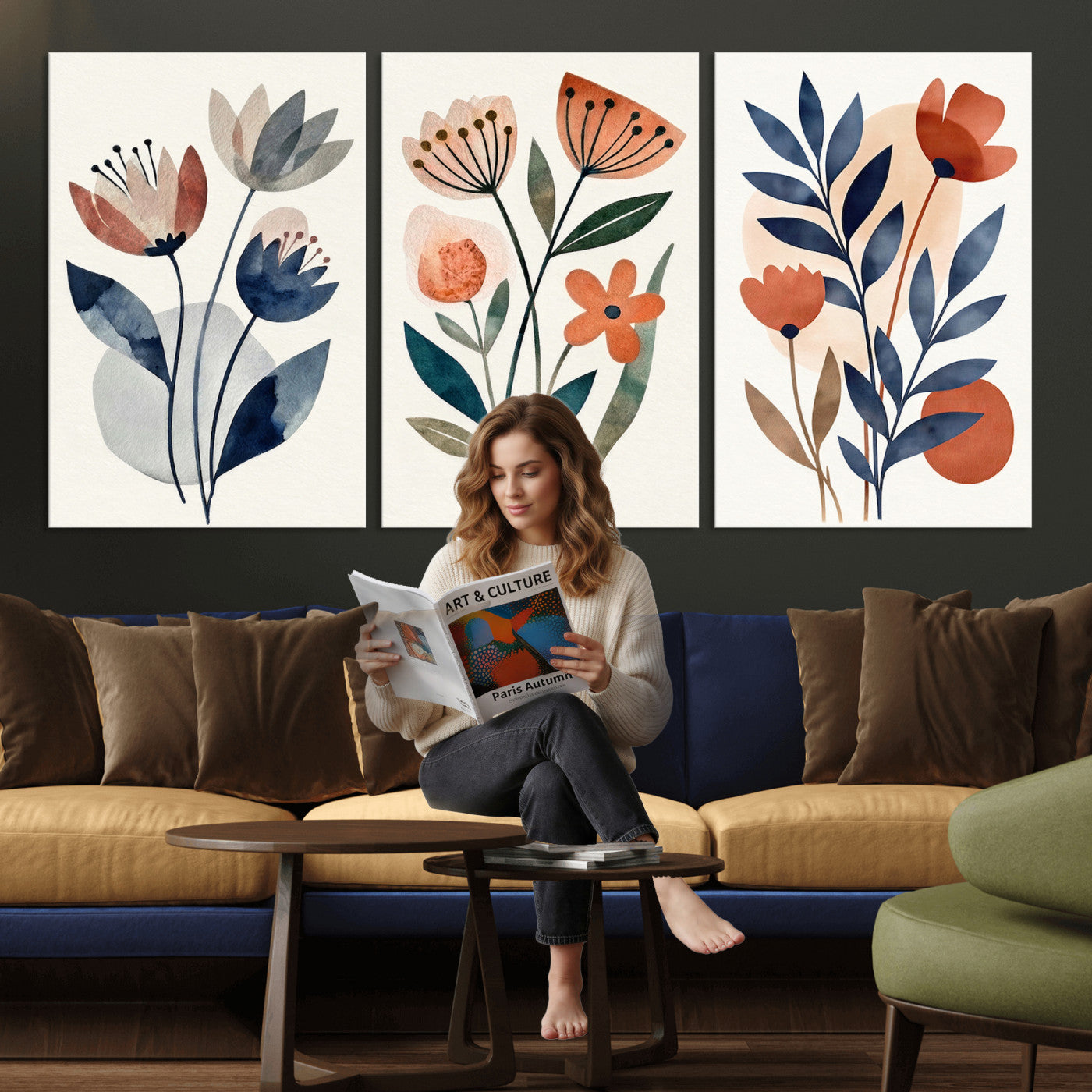 Watercolor Botanical Canvas Wall Art Set, Navy Terracotta