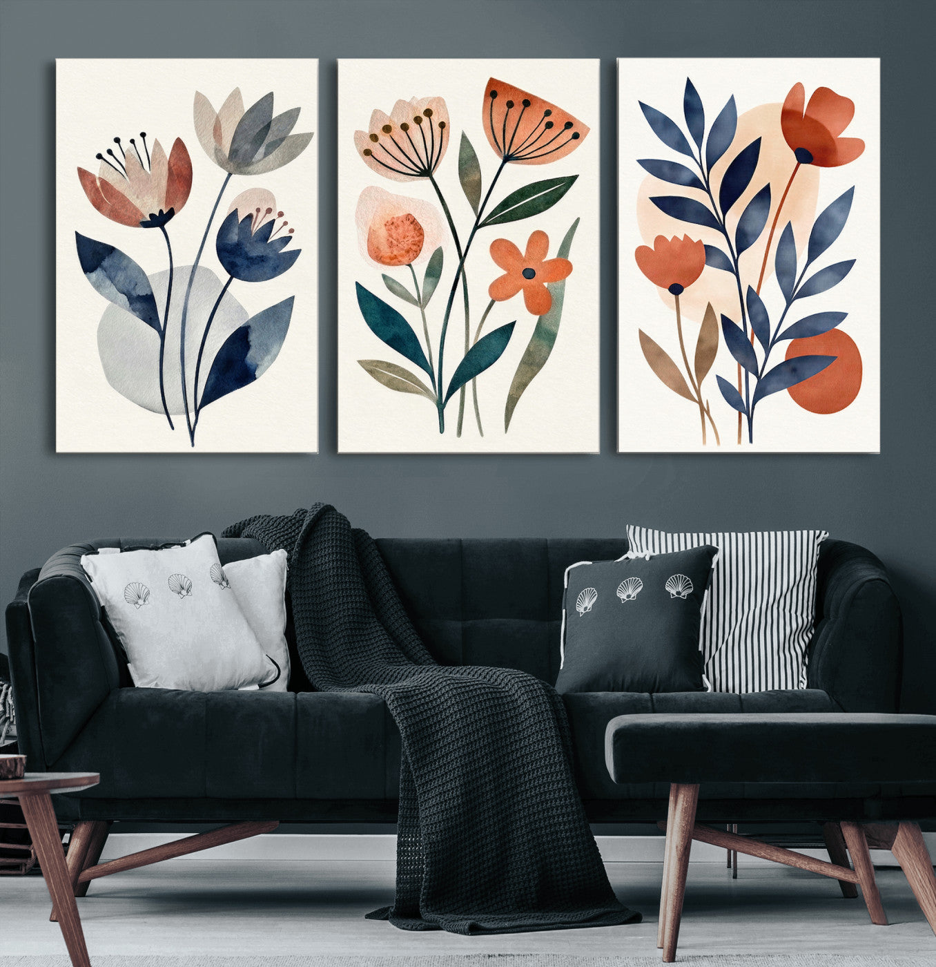 Watercolor Botanical Canvas Wall Art Set, Navy Terracotta