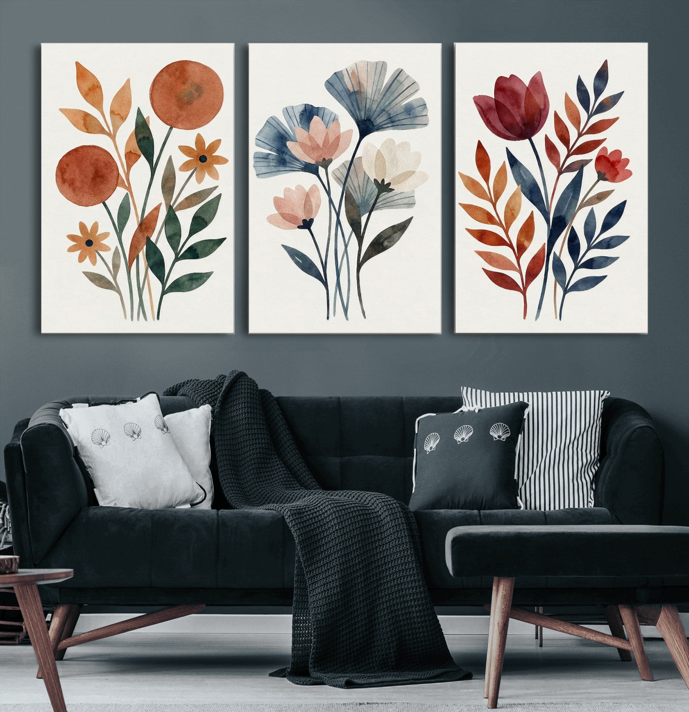 Watercolor Botanical Canvas Wall Art Set, Navy Terracotta