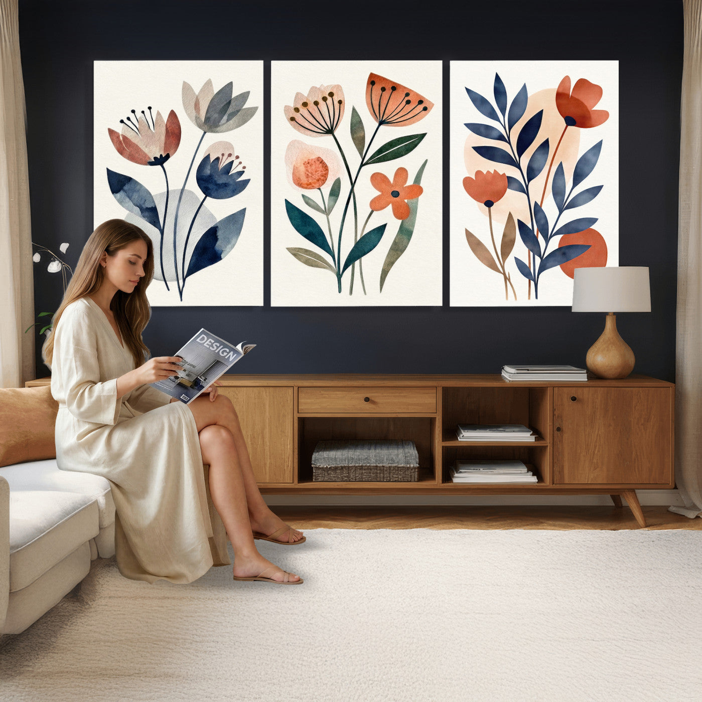 Watercolor Botanical Canvas Wall Art Set, Navy Terracotta